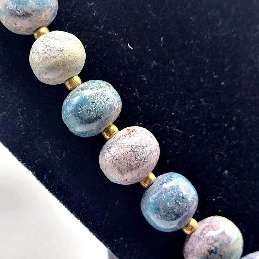 Chunky Bohemian Gemstone Aventurine Lapis Brass Beaded Necklace 20in